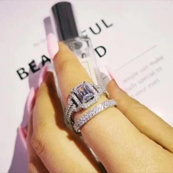 \\ NEW \\ S925 STERLING SILVER \\ DIAMOND TWO RING SET\\CUTE RING\\SHINY RING. - Picture 2 of 5